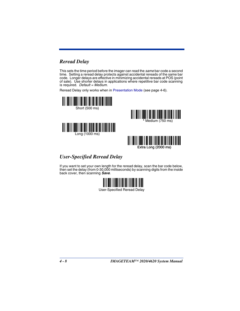 Reread delay, User-specified reread delay, Reread delay -8 user-specified reread delay -8 | Hand Held Products 4620 User Manual | Page 78 / 248
