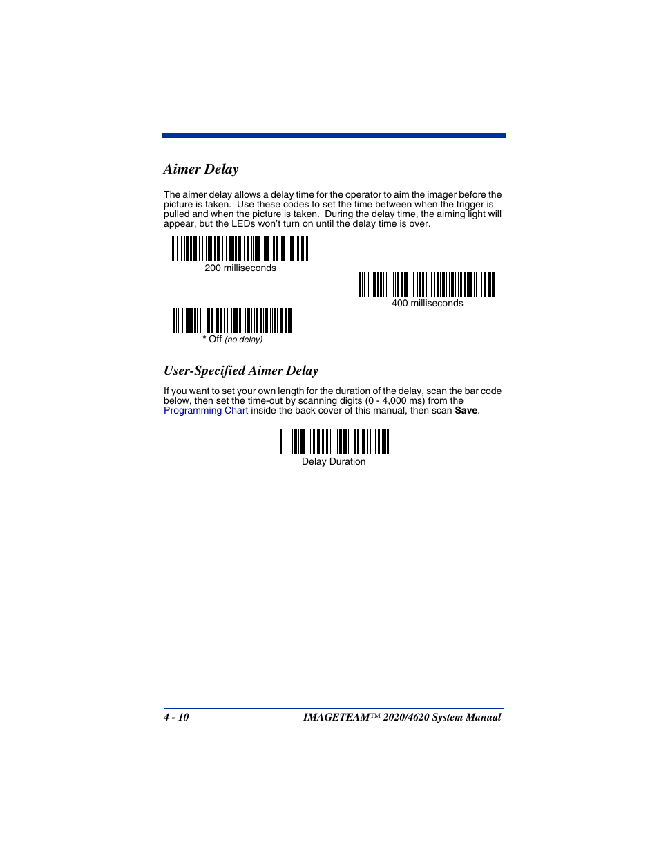 Aimer delay, User-specified aimer delay, Aimer delay -10 | User-specified aimer delay -10, Ay programmed (see | Hand Held Products 4620 User Manual | Page 80 / 248