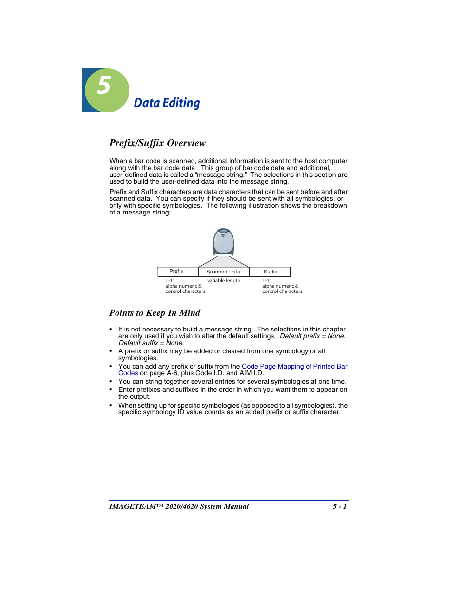 Data editing, Prefix/suffix overview, Chapter 5 - data editing | Prefix/suffix overview -1 | Hand Held Products 4620 User Manual | Page 91 / 248