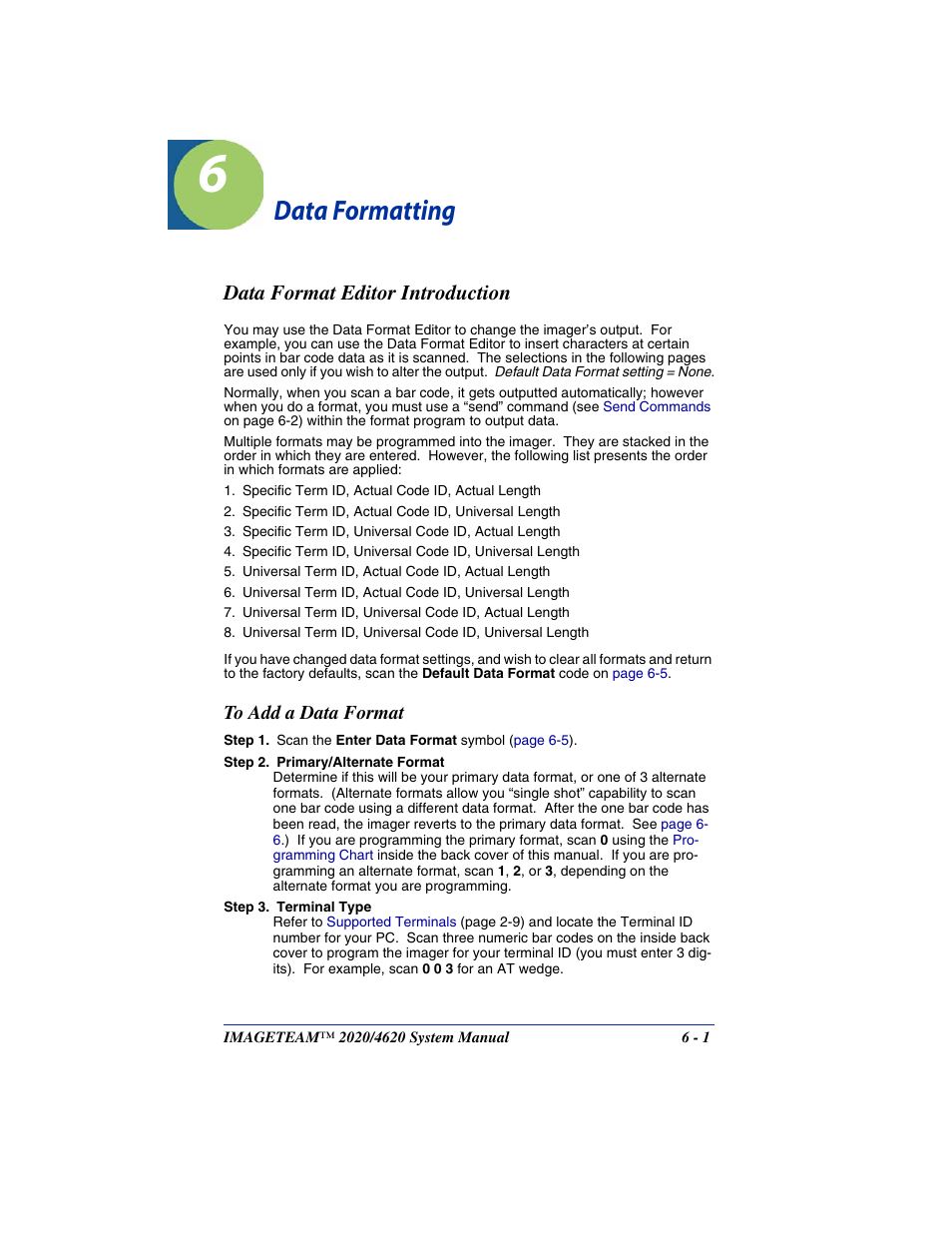 Data formatting, Data format editor introduction, To add a data format | Chapter 6 - data formatting, Data format editor introduction -1, To add a data format -1 | Hand Held Products 4620 User Manual | Page 99 / 248