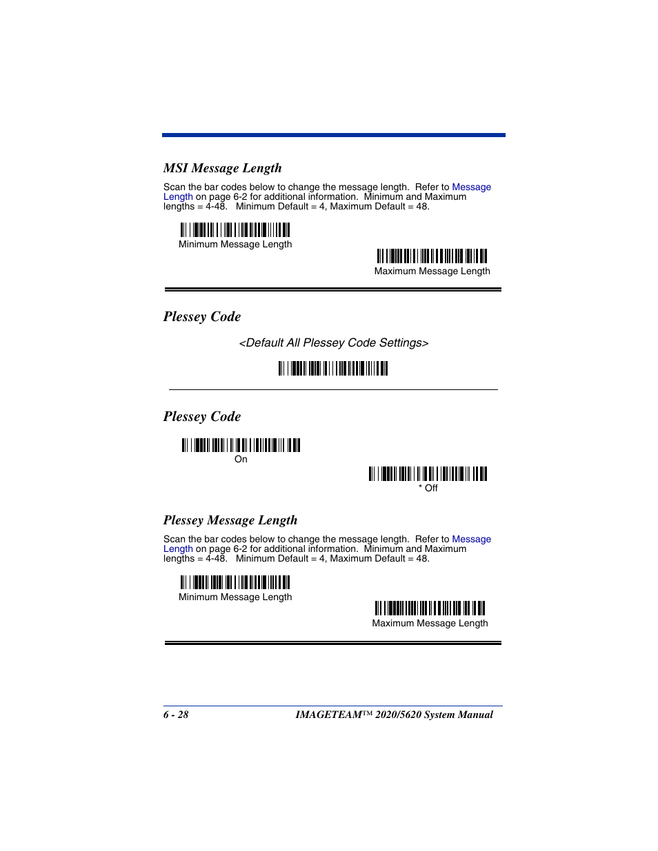 Msi message length, Plessey code, Plessey message length | Msi message length -28, Plessey code -28, Plessey message length -28 | Hand Held Products 2020/5620 User Manual | Page 106 / 168