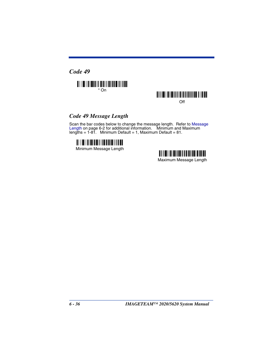 Code 49, Code 49 message length, Code 49 -36 | Code 49 message length -36 | Hand Held Products 2020/5620 User Manual | Page 114 / 168