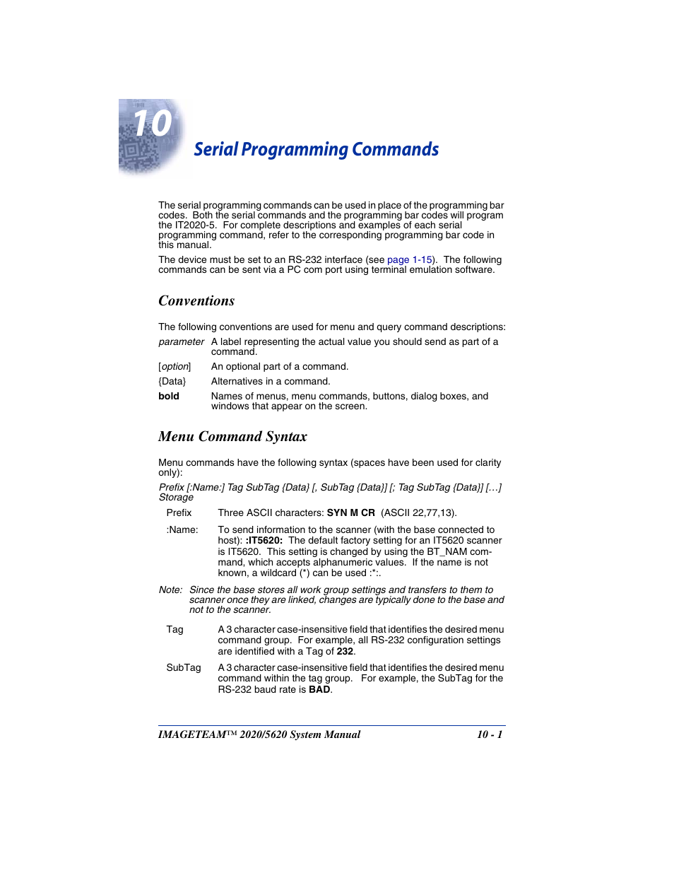 Serial programming commands, Conventions, Menu command syntax | Chapter 10 - serial programming commands, Conventions -1 menu command syntax -1 | Hand Held Products 2020/5620 User Manual | Page 125 / 168