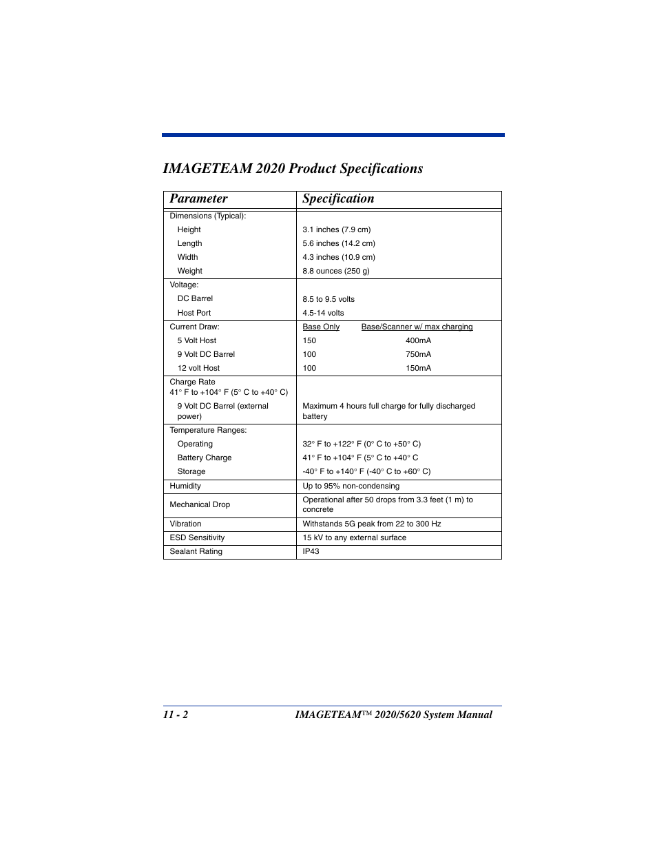 Imageteam 2020 product specifications, Imageteam 2020 product specifications -2, Parameter specification | Hand Held Products 2020/5620 User Manual | Page 144 / 168
