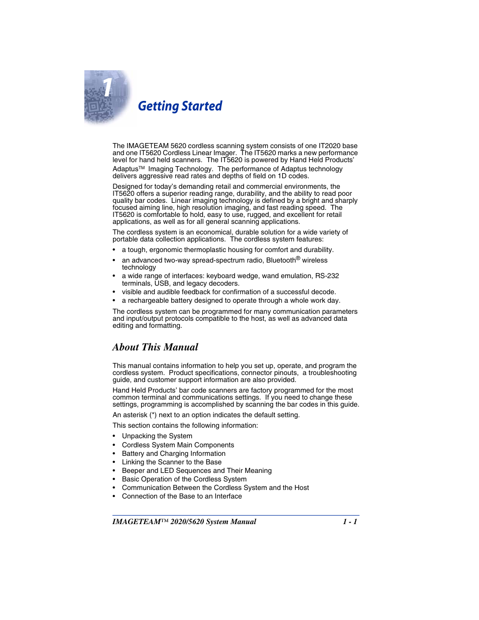 Getting started, About this manual, Chapter 1 - getting started | About this manual -1 | Hand Held Products 2020/5620 User Manual | Page 17 / 168