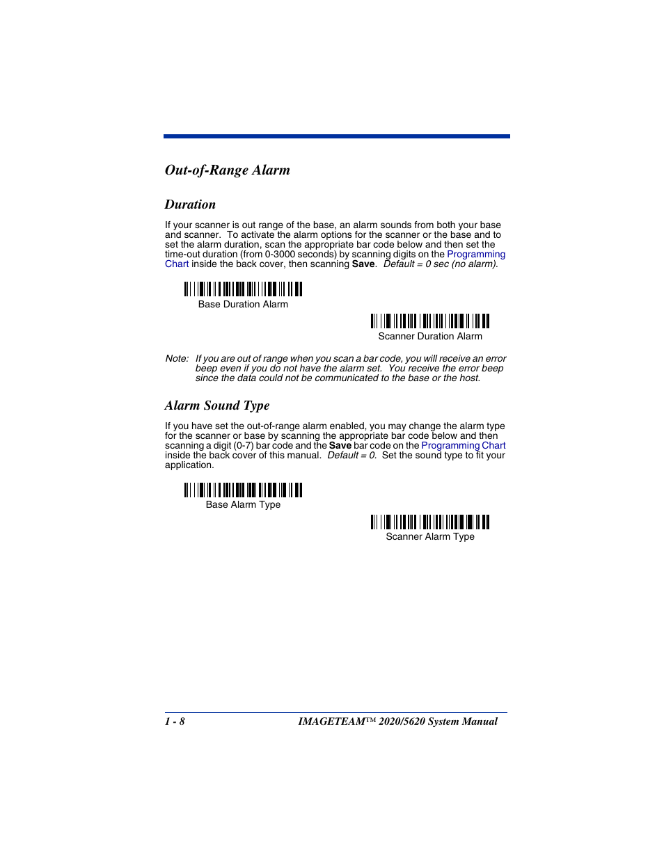 Out-of-range alarm, Duration, Alarm sound type | Out-of-range alarm -8, Duration -8 alarm sound type -8 | Hand Held Products 2020/5620 User Manual | Page 24 / 168