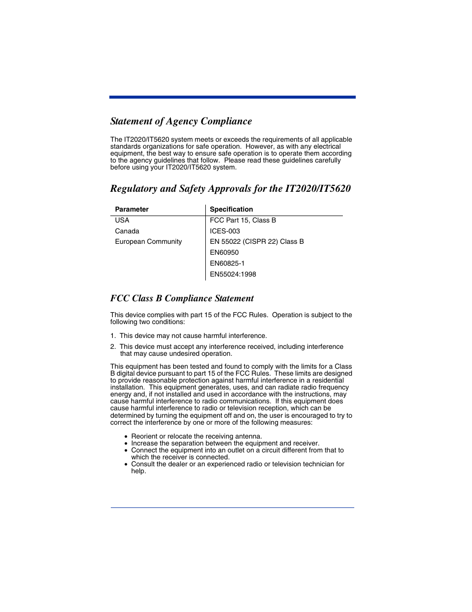 Statement of agency compliance, Fcc class b compliance statement | Hand Held Products 2020/5620 User Manual | Page 3 / 168