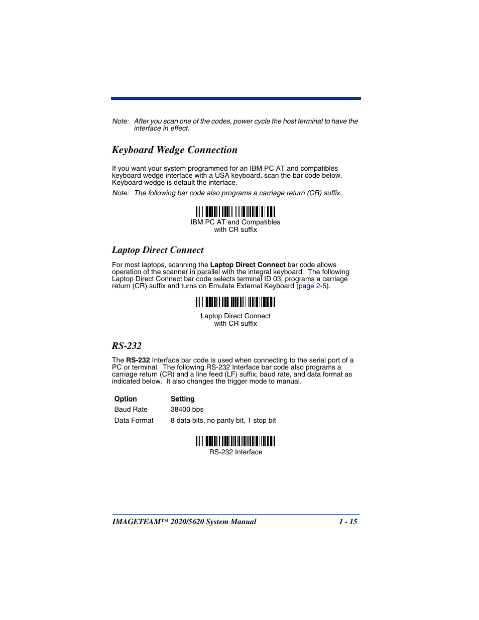 Keyboard wedge connection, Laptop direct connect, Rs-232 | Keyboard wedge connection -15, Laptop direct connect -15 rs-232 -15, Keyboard wedge interface. see | Hand Held Products 2020/5620 User Manual | Page 31 / 168