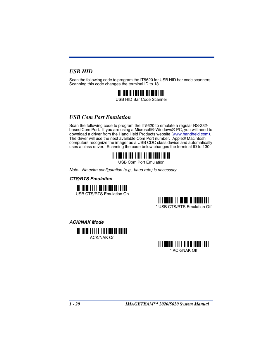 Usb hid, Usb com port emulation, Usb hid -20 usb com port emulation -20 | Hand Held Products 2020/5620 User Manual | Page 36 / 168