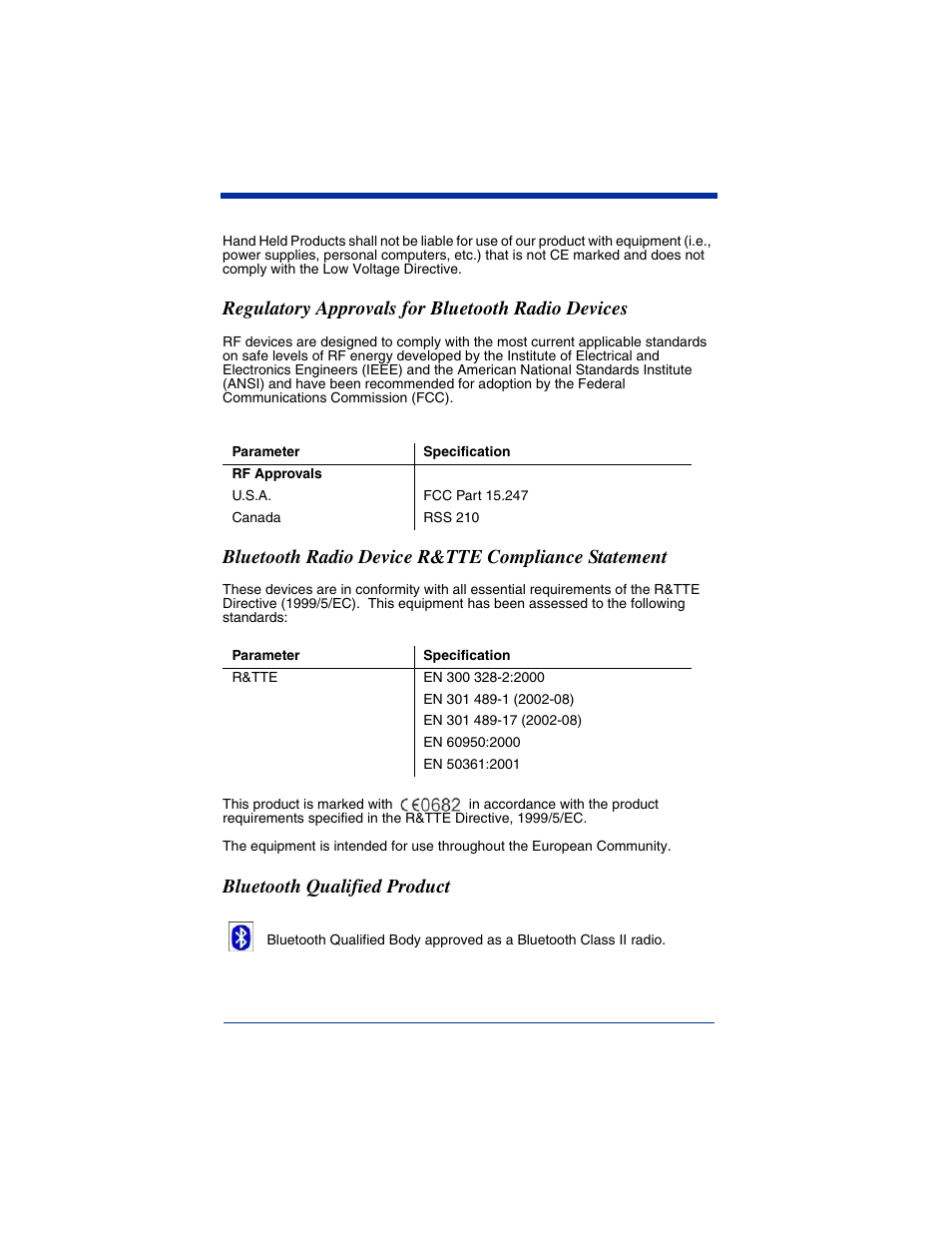 Regulatory approvals for bluetooth radio devices, Bluetooth radio device r&tte compliance statement, Bluetooth qualified product | Hand Held Products 2020/5620 User Manual | Page 5 / 168