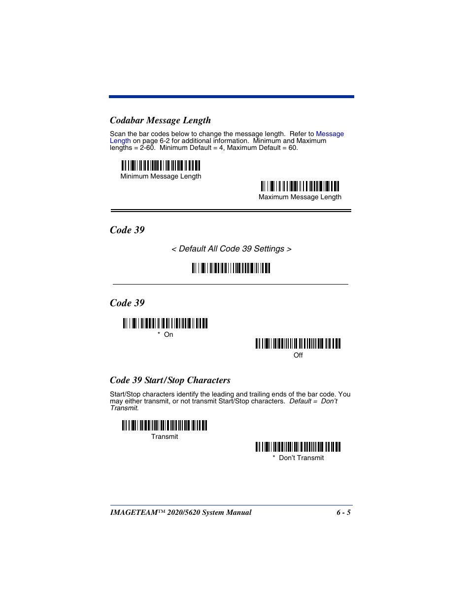 Codabar message length, Code 39, Code 39 start / stop characters | Codabar message length -5, Code 39 -5, Code 39 start/stop characters -5, Code 39 start/stop characters | Hand Held Products 2020/5620 User Manual | Page 83 / 168