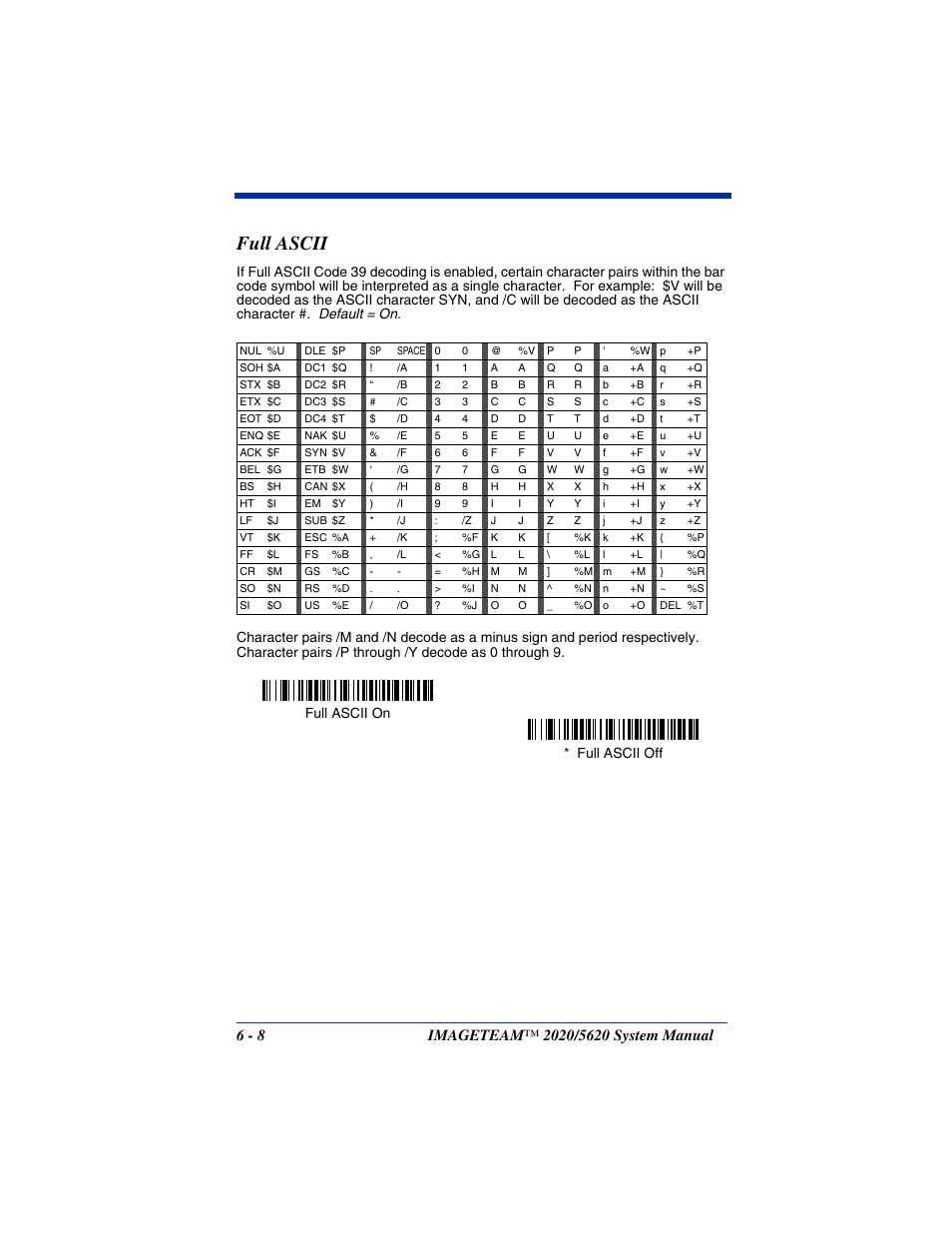 Full ascii, Full ascii -8, Full ascii off full ascii on | Hand Held Products 2020/5620 User Manual | Page 86 / 168