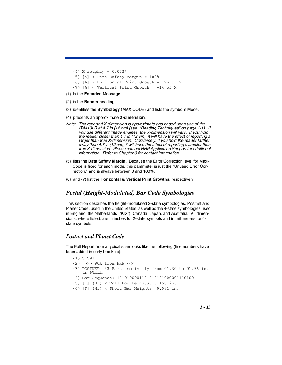 Postal (height-modulated) bar code symbologies, Postnet and planet code, Postal (height-modulated) bar code symbologies -13 | Postnet and planet code -13 | Hand Held Products IT4800 User Manual | Page 17 / 32