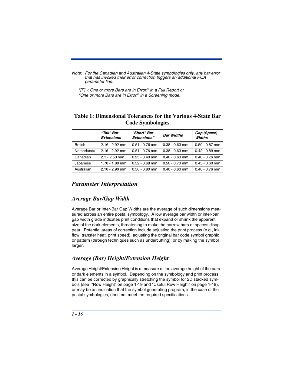 Parameter interpretation, Average bar/gap width, Average (bar) height/extension height | Parameter interpretation -16 | Hand Held Products IT4800 User Manual | Page 20 / 32