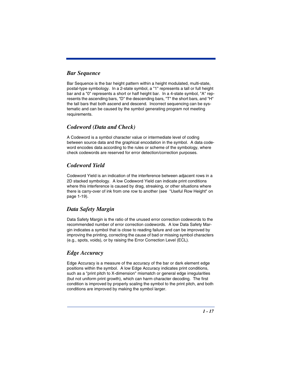 Bar sequence, Codeword (data and check), Codeword yield | Data safety margin, Edge accuracy | Hand Held Products IT4800 User Manual | Page 21 / 32