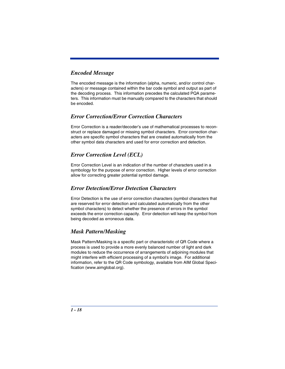 Encoded message, Error correction/error correction characters, Error correction level (ecl) | Error detection/error detection characters, Mask pattern/masking | Hand Held Products IT4800 User Manual | Page 22 / 32