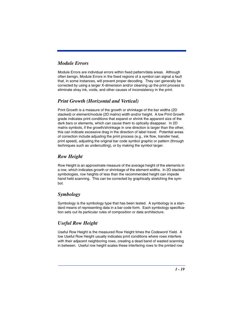 Module errors, Print growth (horizontal and vertical), Row height | Symbology, Useful row height, Symbology -19 useful row height -19 | Hand Held Products IT4800 User Manual | Page 23 / 32