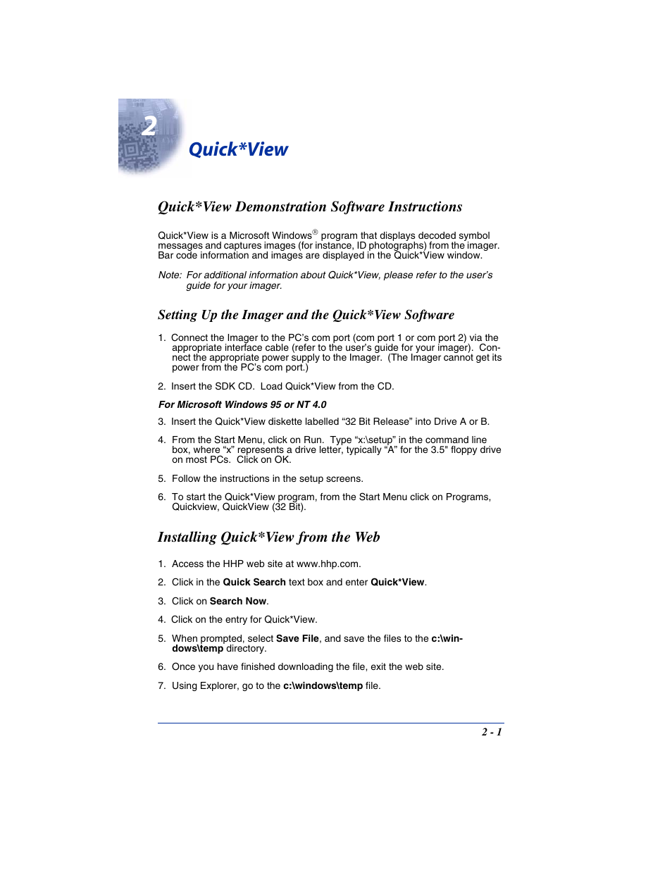 Quick*view, Quick*view demonstration software instructions, Setting up the imager and the quick*view software | Installing quick*view from the web, Chapter 2 - quick*view, Quick*view demonstration software instructions -1, Installing quick*view from the web -1 | Hand Held Products IT4800 User Manual | Page 25 / 32