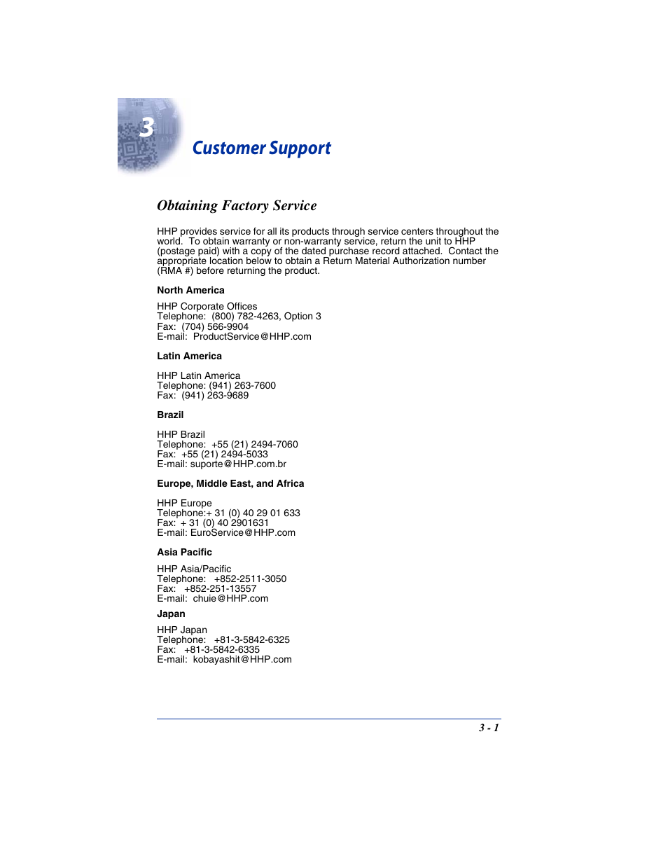 Customer support, Obtaining factory service, Chapter 3 - customer support | Obtaining factory service -1 | Hand Held Products IT4800 User Manual | Page 29 / 32