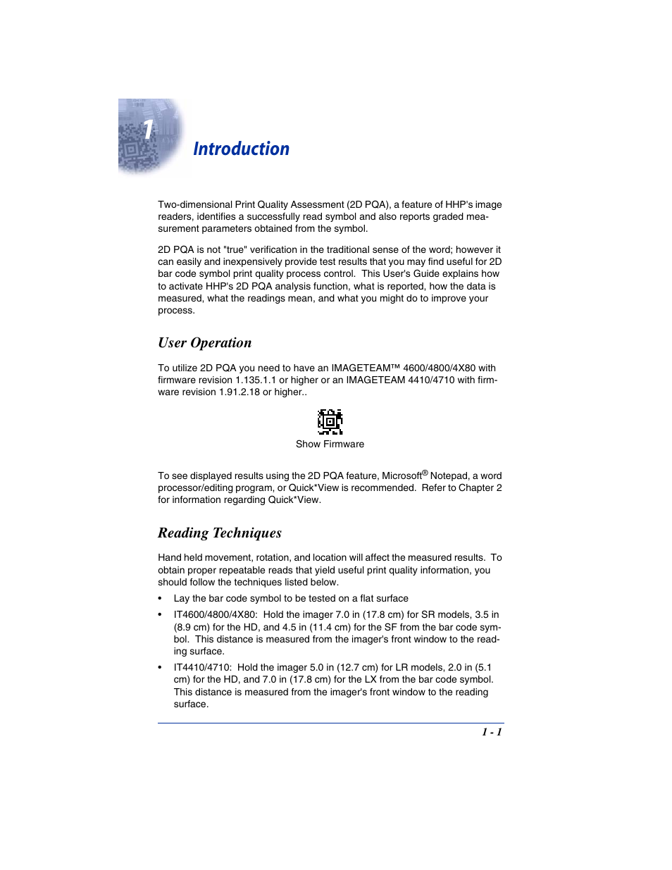 Introduction, User operation, Reading techniques | Chapter 1 - introduction, User operation -1 reading techniques -1 | Hand Held Products IT4800 User Manual | Page 5 / 32