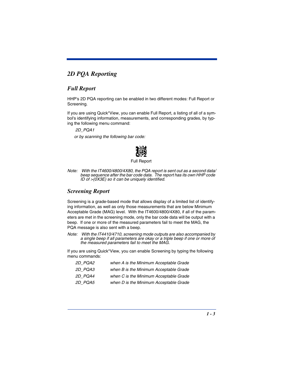 2d pqa reporting, Full report, Screening report | 2d pqa reporting -3, Full report -3 screening report -3 | Hand Held Products IT4800 User Manual | Page 7 / 32