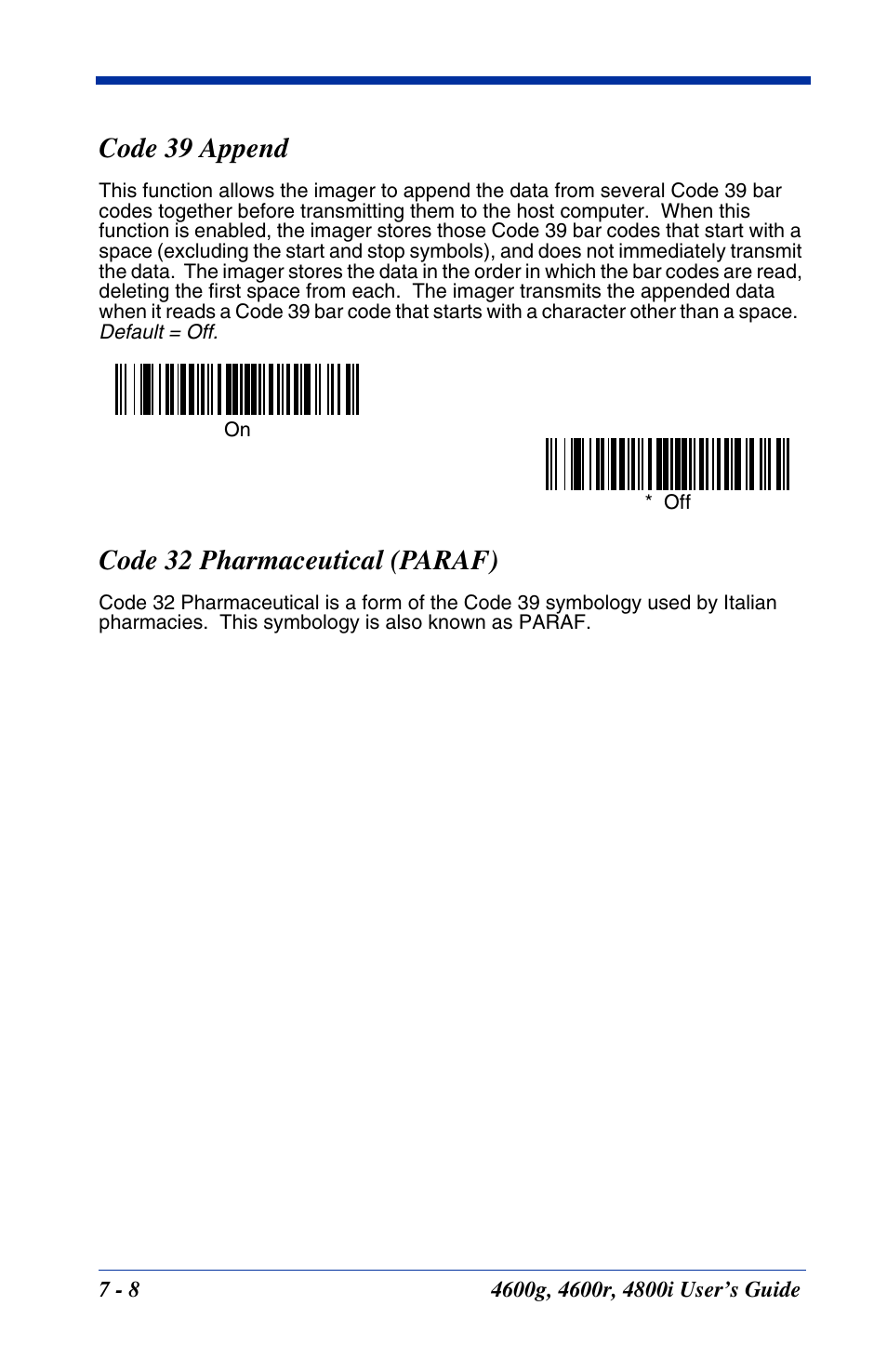 Code 39 append, Code 32 pharmaceutical (paraf) | Hand Held Products 4600g User Manual | Page 100 / 234