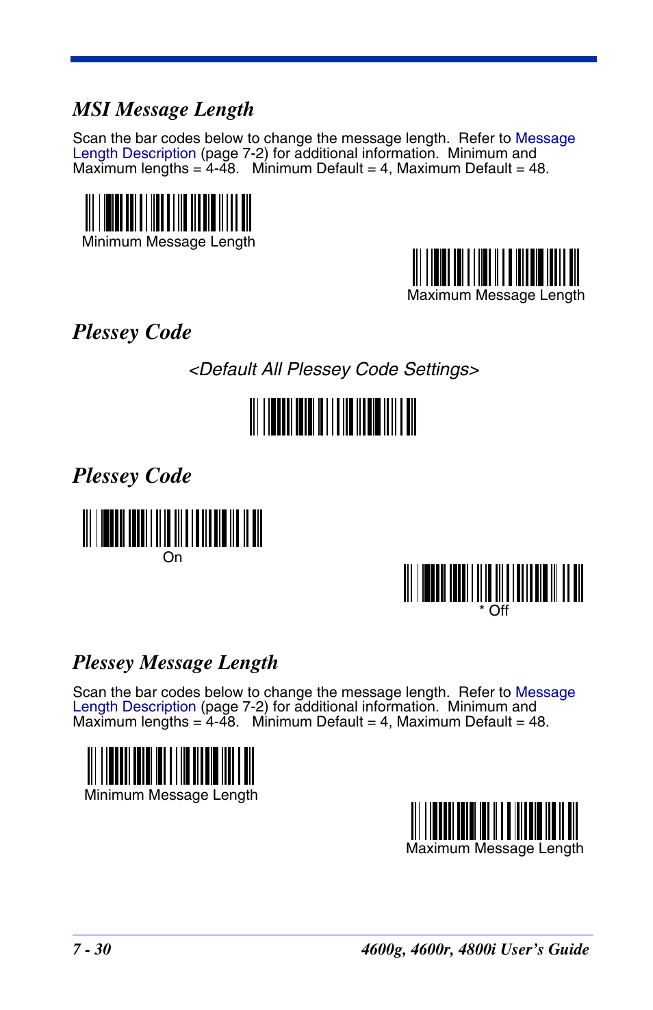 Msi message length, Plessey message length, Msi message length -30 plessey message length -30 | Plessey code, Default all plessey code settings | Hand Held Products 4600g User Manual | Page 122 / 234