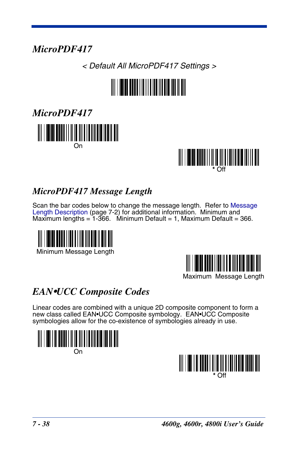 Micropdf417 message length, Micropdf417 message length -38, Micropdf417 | Ean•ucc composite codes, Ucc composite codes | Hand Held Products 4600g User Manual | Page 130 / 234