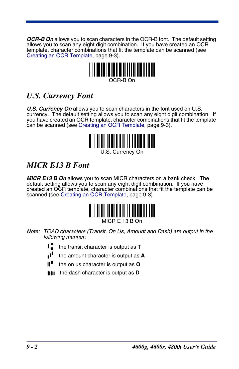 U.s. currency font, Micr e13 b font | Hand Held Products 4600g User Manual | Page 152 / 234