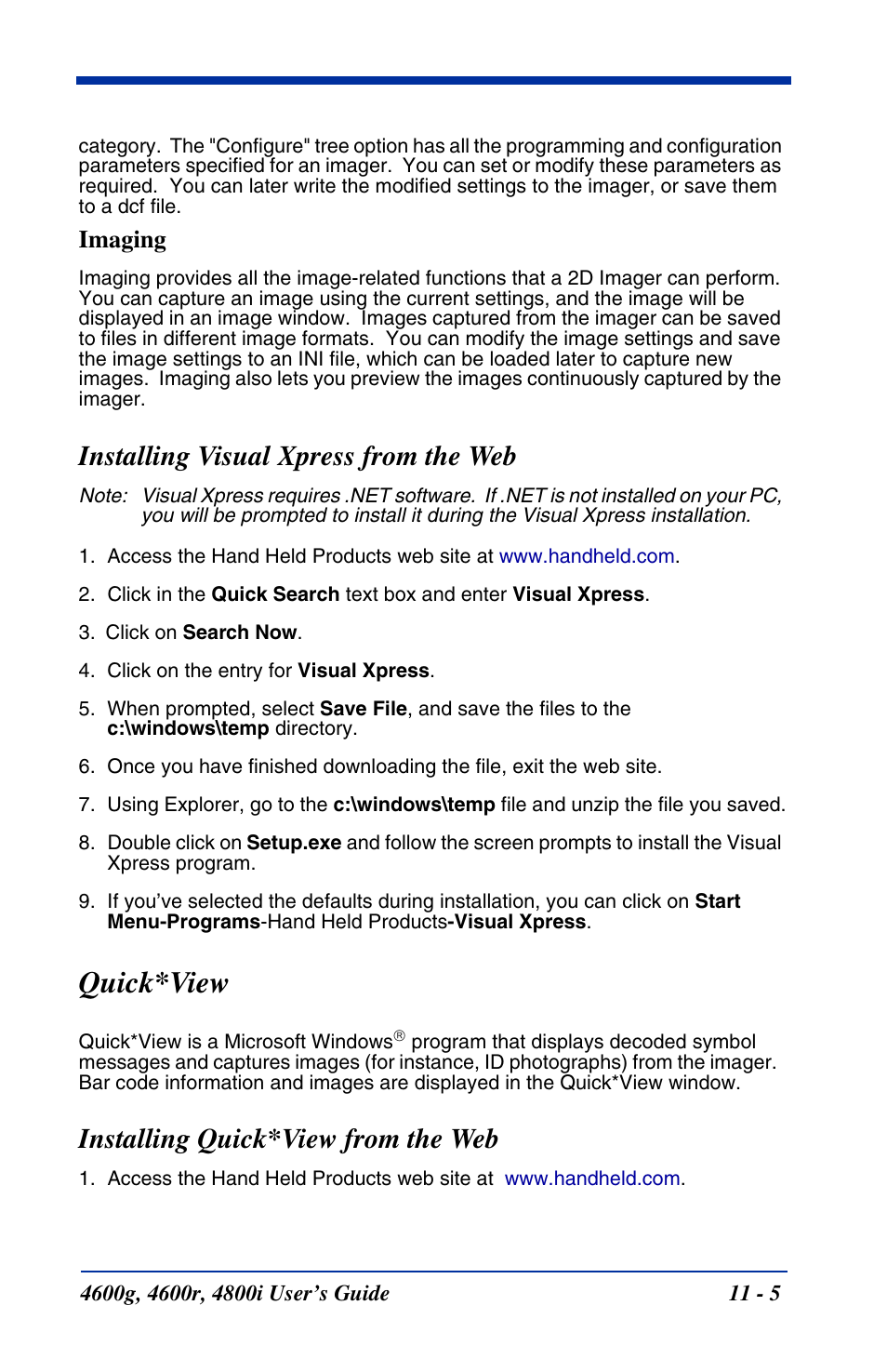 Installing visual xpress from the web, Quick*view, Installing quick*view from the web | Installing visual xpress from the web -5, Quick*view -5, Installing quick*view from the web -5, Imaging | Hand Held Products 4600g User Manual | Page 175 / 234