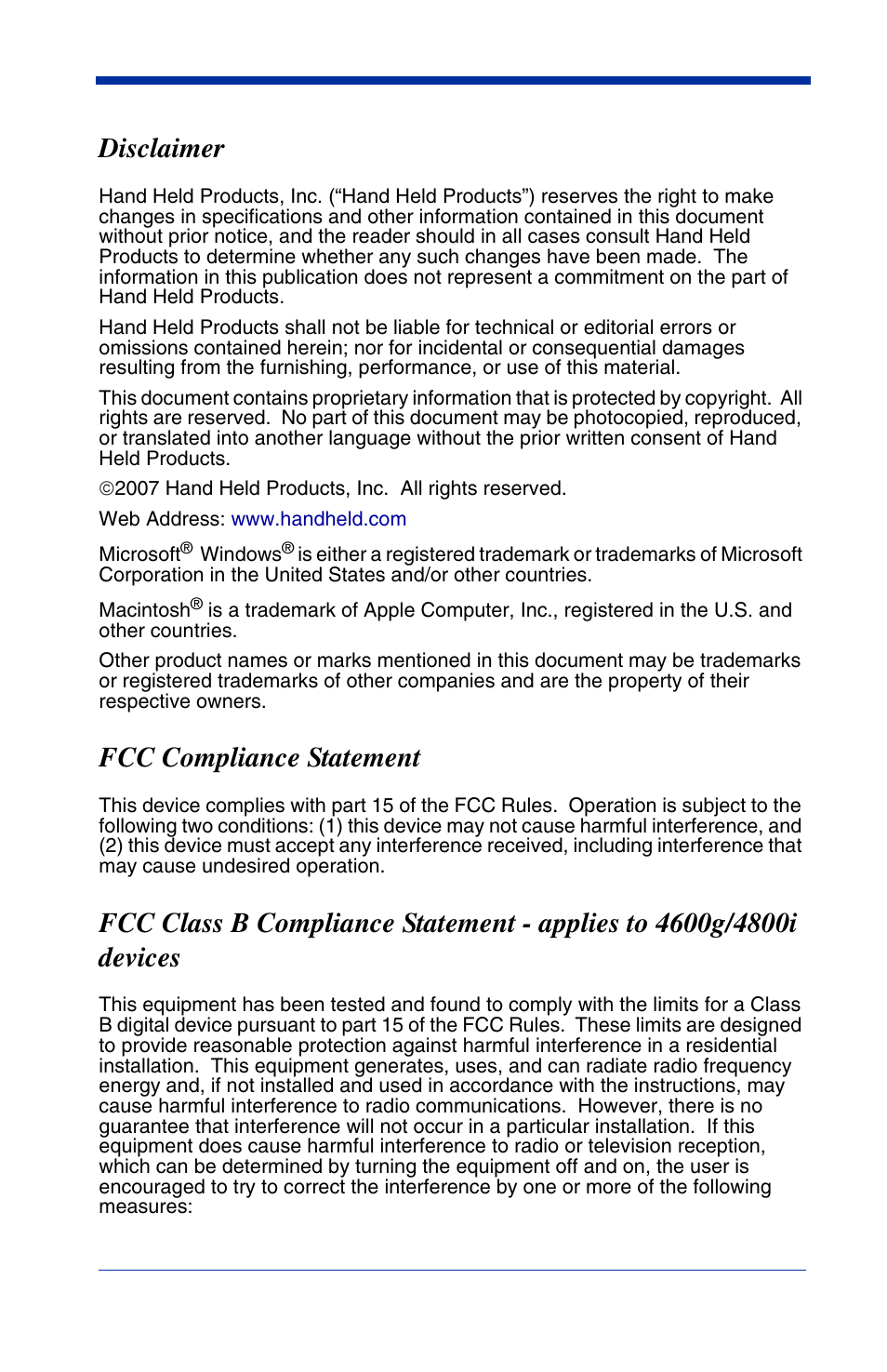 Disclaimer, Fcc compliance statement | Hand Held Products 4600g User Manual | Page 2 / 234