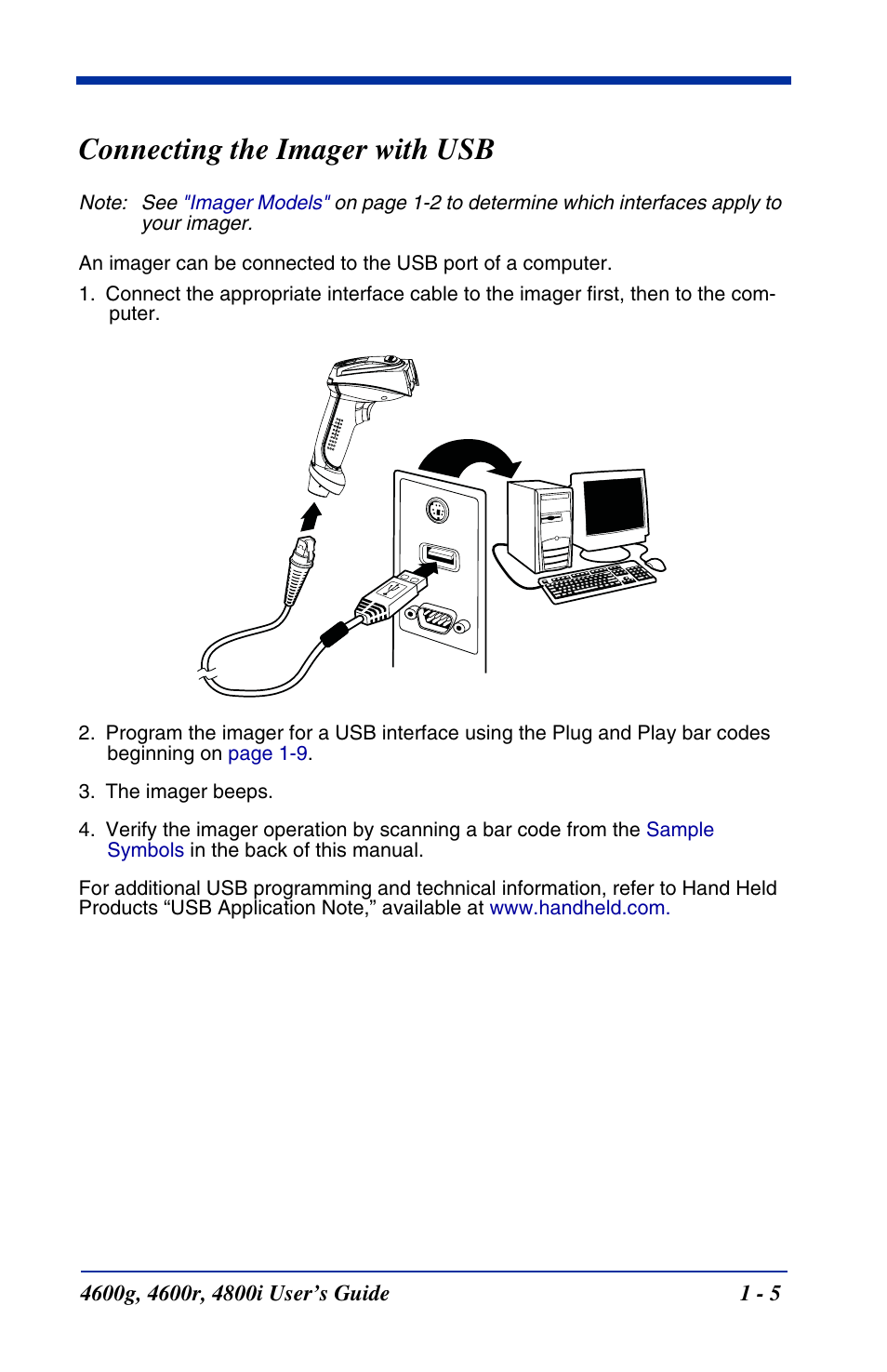 Connecting the imager with usb, Connecting the imager with usb -6 | Hand Held Products 4600g User Manual | Page 21 / 234