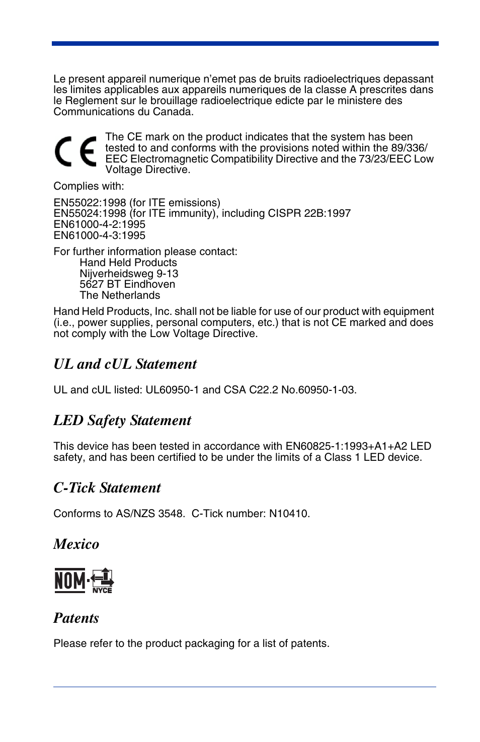 Ul and cul statement, Led safety statement, C-tick statement | Mexico, Patents | Hand Held Products 4600g User Manual | Page 4 / 234