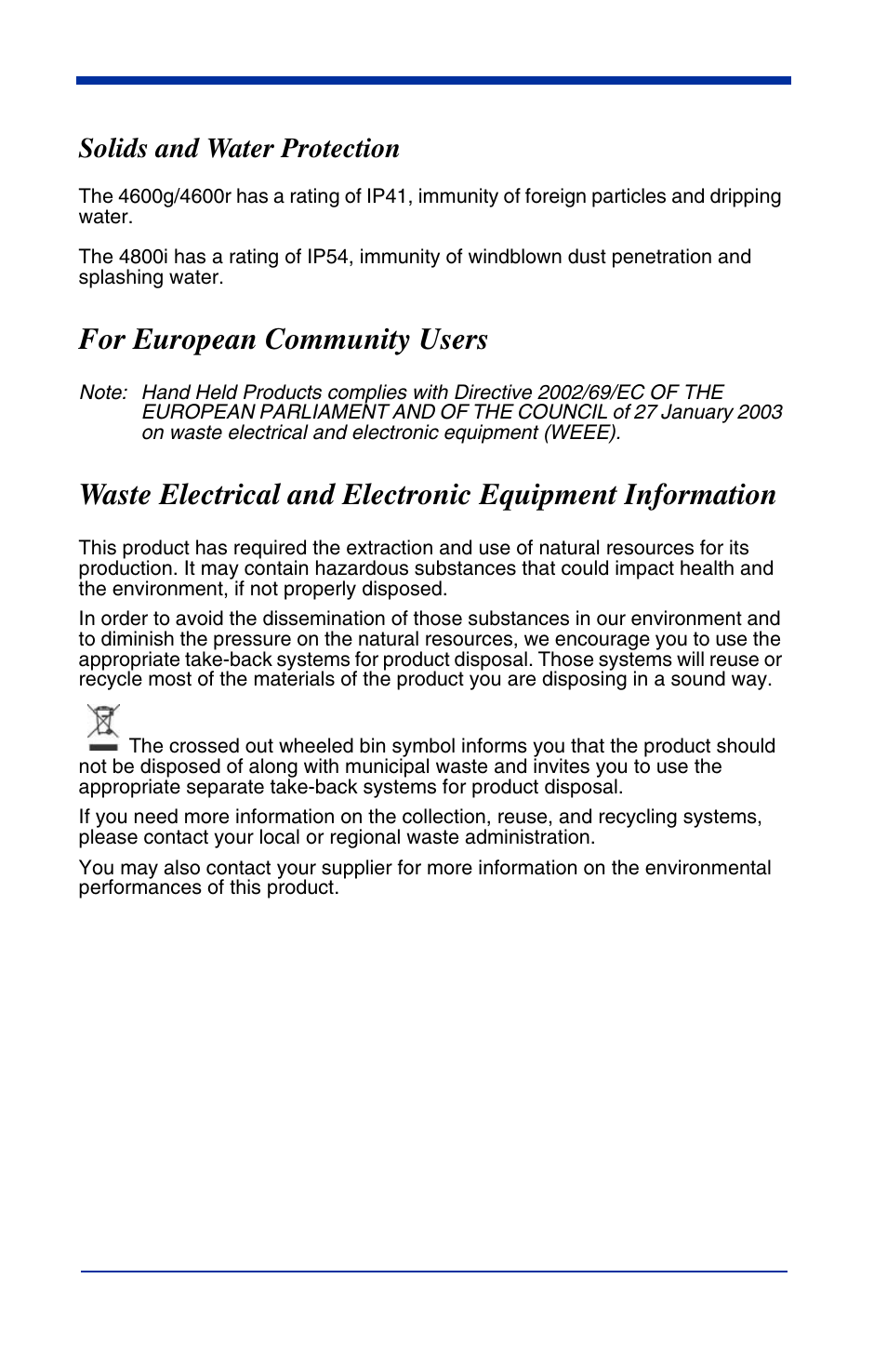For european community users, Solids and water protection | Hand Held Products 4600g User Manual | Page 5 / 234