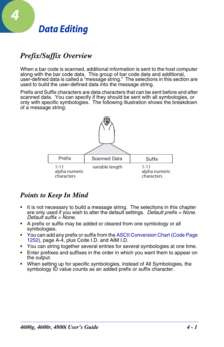 Data editing, Prefix/suffix overview, Chapter 4 - data editing | Prefix/suffix overview -1, Points to keep in mind | Hand Held Products 4600g User Manual | Page 71 / 234