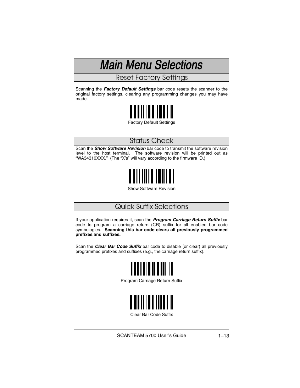 Reset factory settings status check, Quick suffix selections | Hand Held Products 5700 User Manual | Page 21 / 100