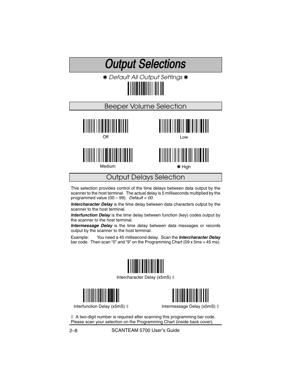 Output delays selection, Beeper volume selection | Hand Held Products 5700 User Manual | Page 32 / 100