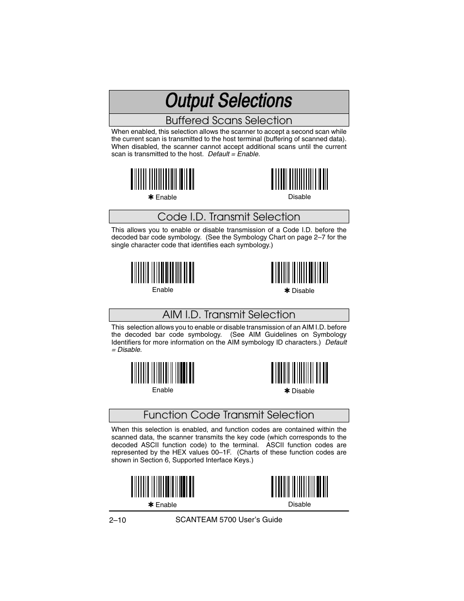 Code i.d. transmit selection, Aim i.d. transmit selection, Function code transmit selection | Buffered scans selection | Hand Held Products 5700 User Manual | Page 34 / 100