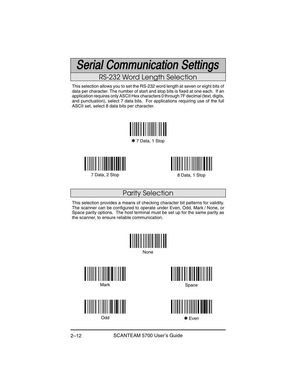 Rs-232 word length selection, Parity selection | Hand Held Products 5700 User Manual | Page 36 / 100