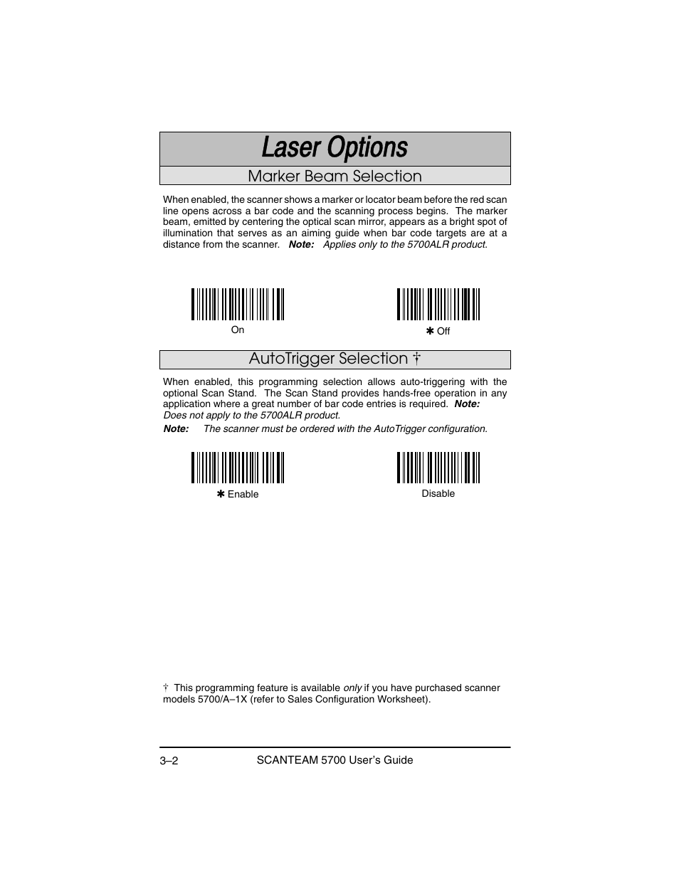 Marker beam selection, Autotrigger selection | Hand Held Products 5700 User Manual | Page 44 / 100