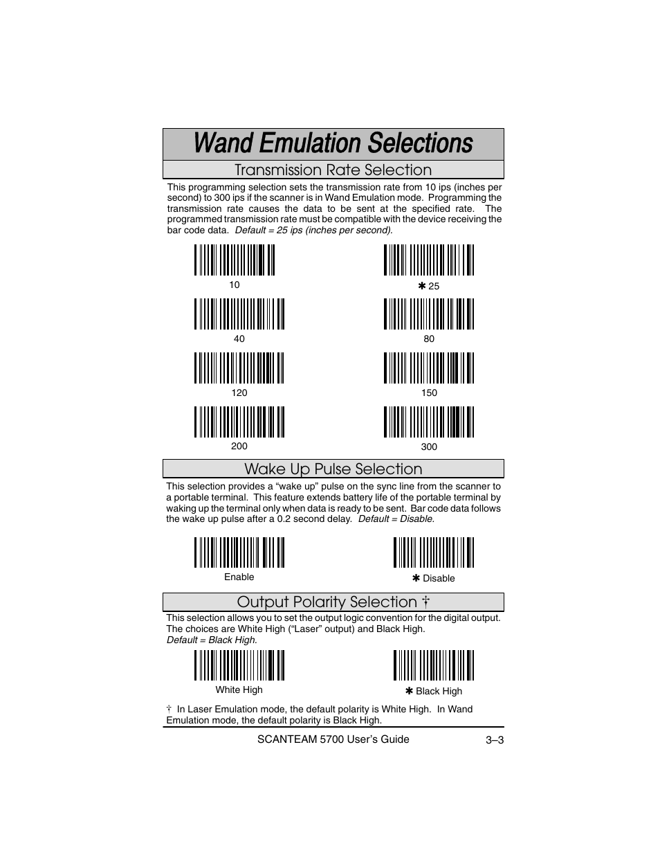 Wake up pulse selection, Transmission rate selection, Output polarity selection | Hand Held Products 5700 User Manual | Page 45 / 100