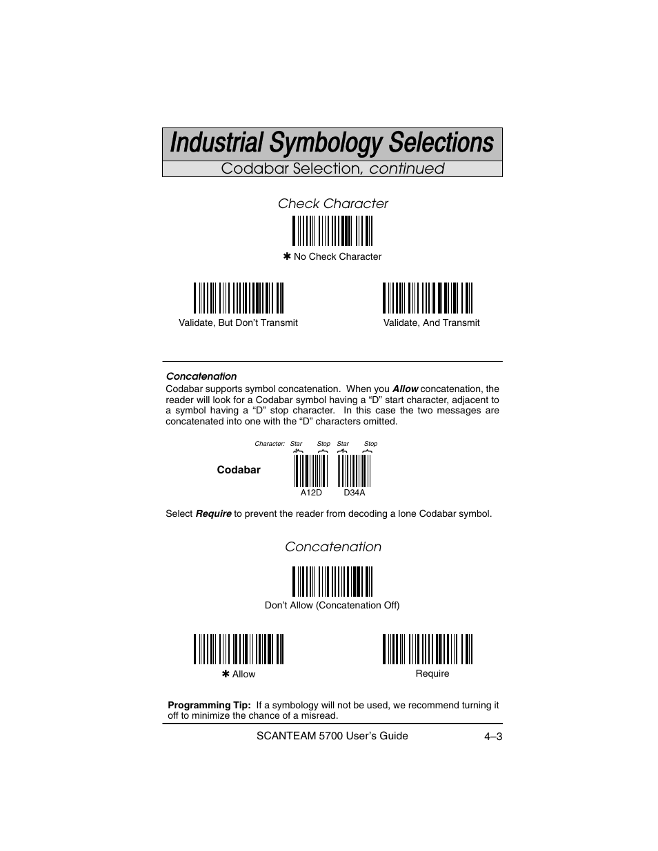 Codabar selection, continued, Concatenation, Check character | Hand Held Products 5700 User Manual | Page 53 / 100