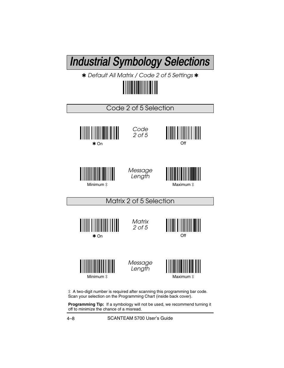 Matrix 2 of 5 selection code 2 of 5 selection | Hand Held Products 5700 User Manual | Page 58 / 100