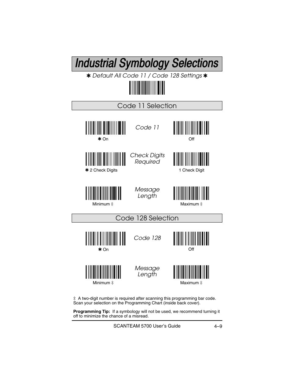 Code 128 selection, Code 11 selection | Hand Held Products 5700 User Manual | Page 59 / 100