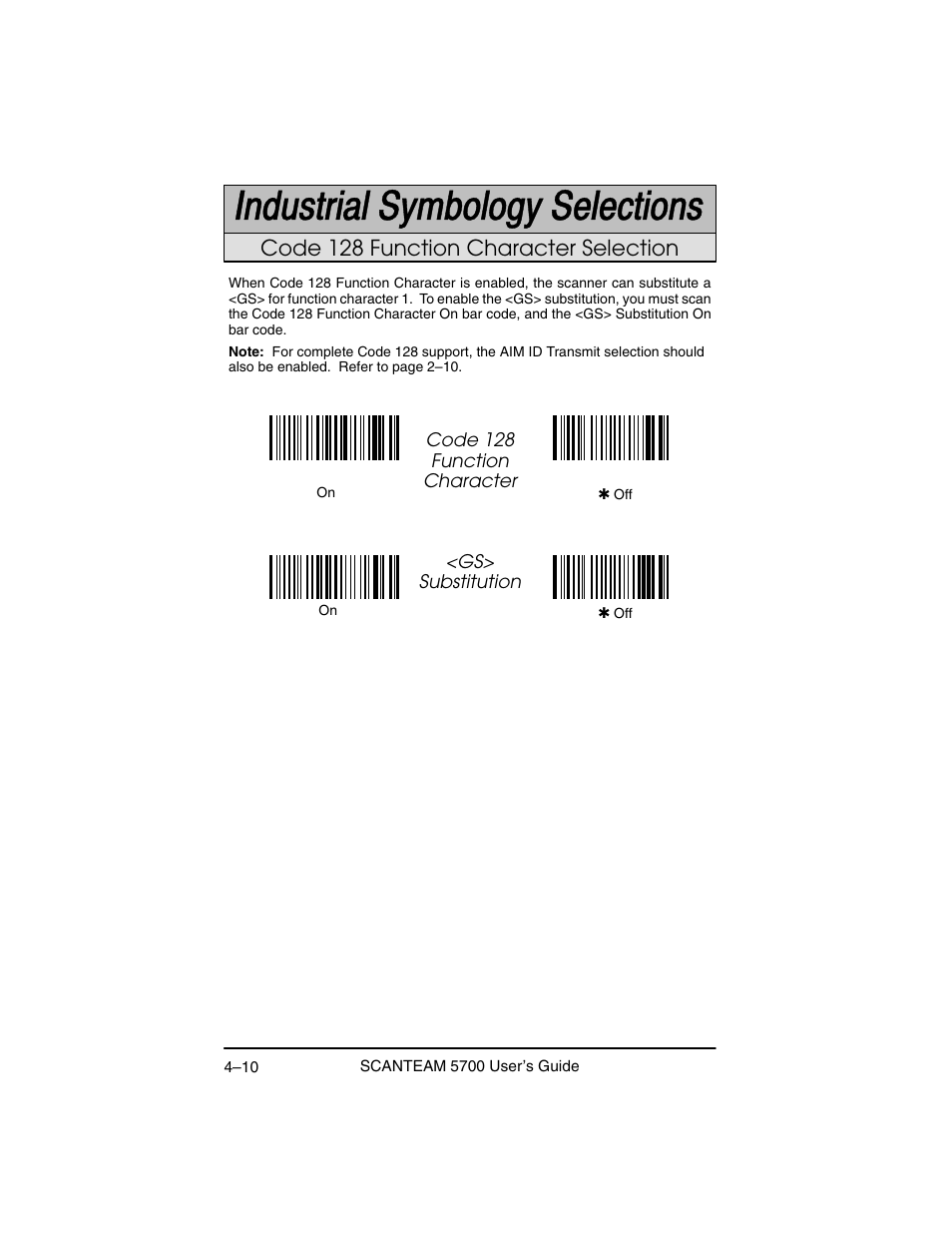 Code 128 function character selection | Hand Held Products 5700 User Manual | Page 60 / 100