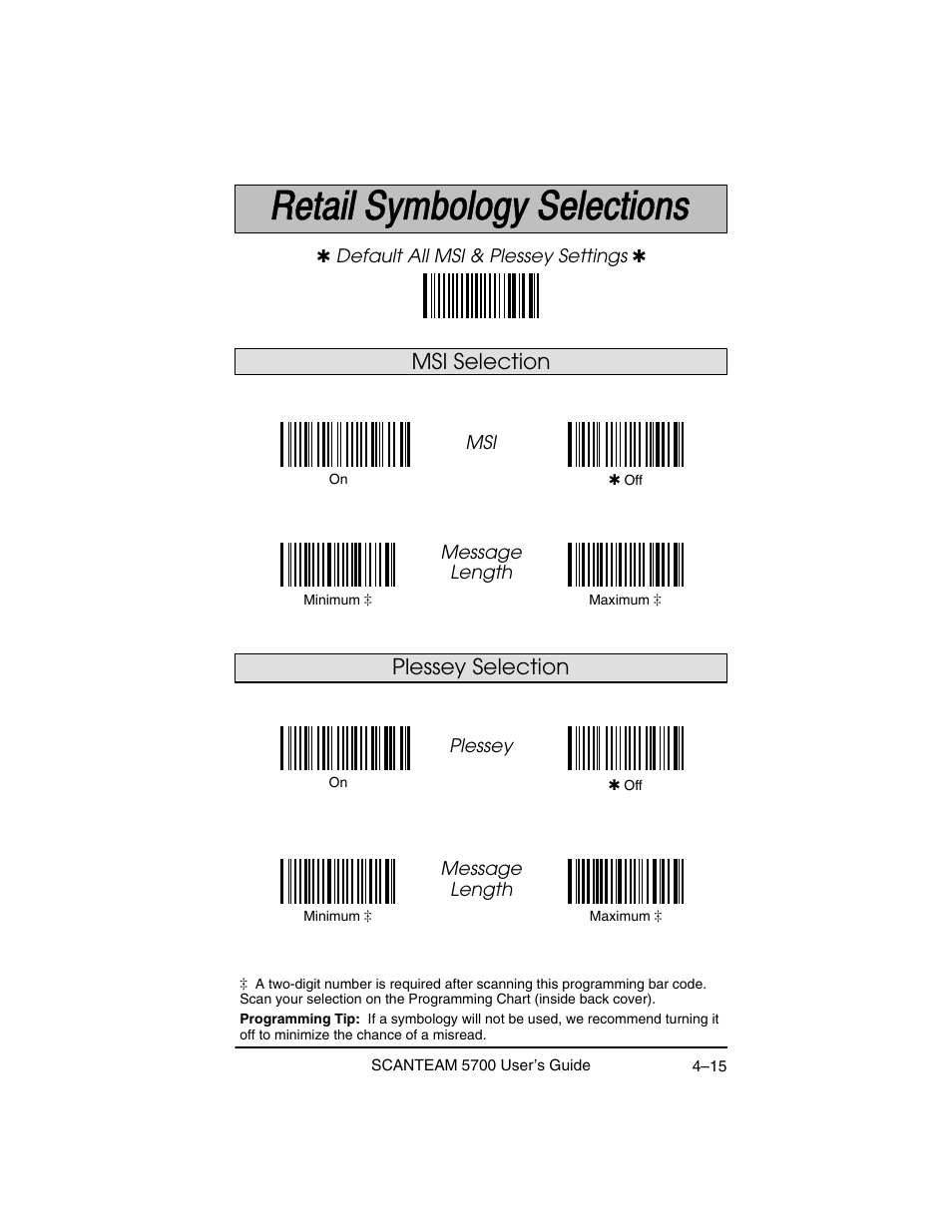 Plessey selection, Msi selection | Hand Held Products 5700 User Manual | Page 65 / 100