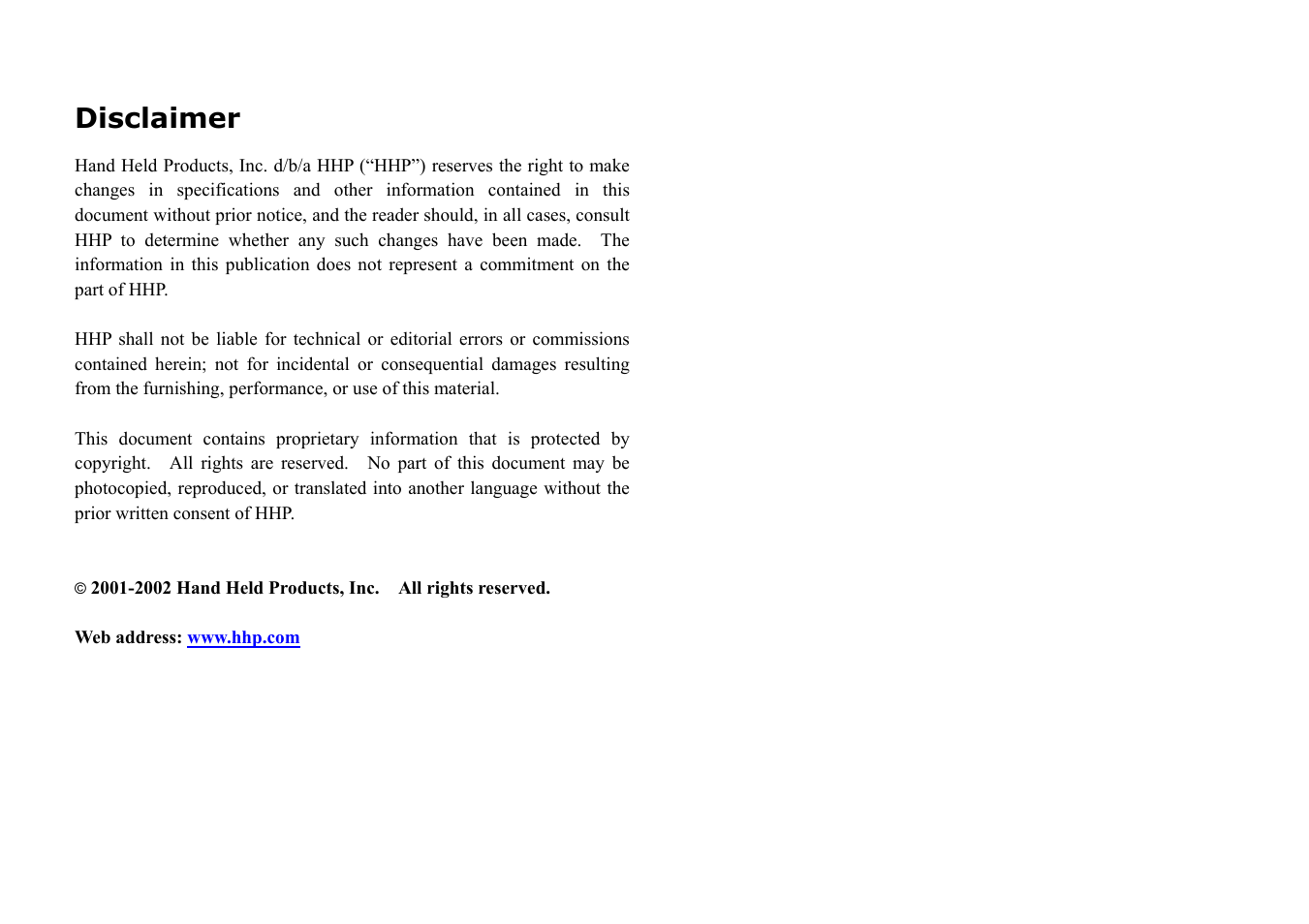 Disclaimer | Hand Held Products 3080 User Manual | Page 2 / 67
