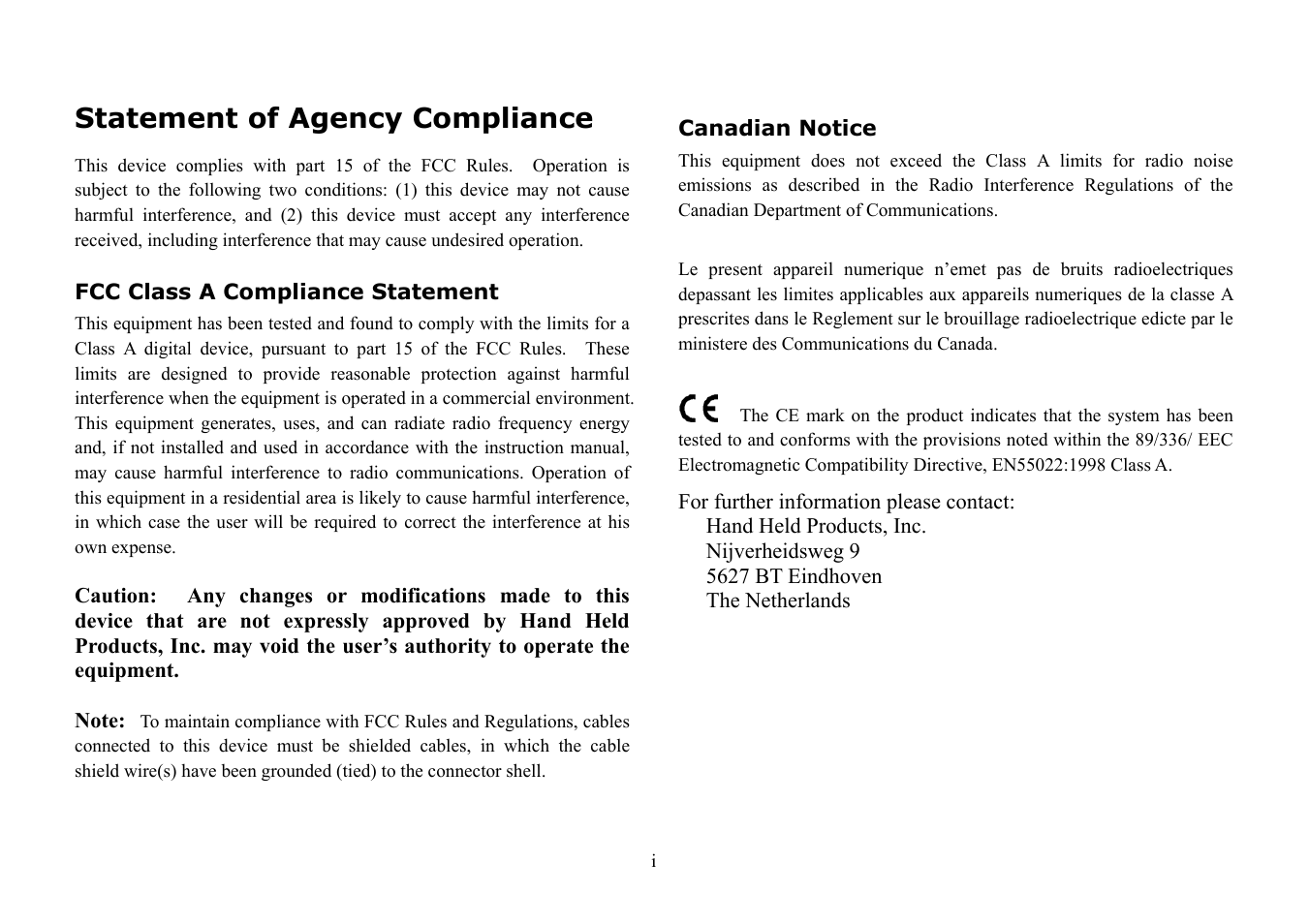 Statement of agency compliance | Hand Held Products 3080 User Manual | Page 3 / 67