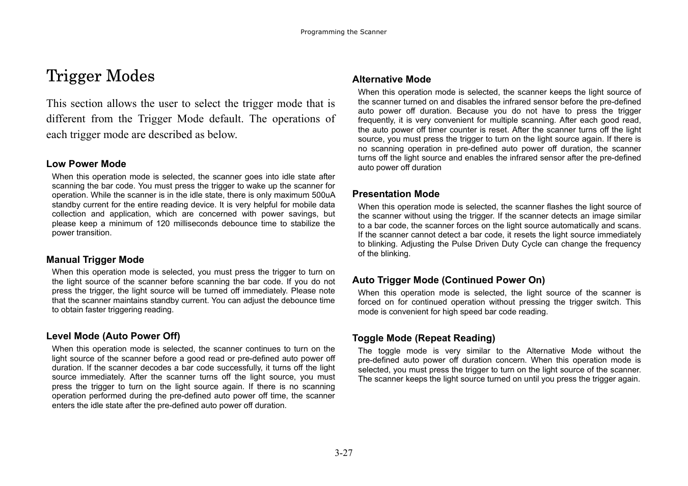 Trigger modes | Hand Held Products 3080 User Manual | Page 41 / 67