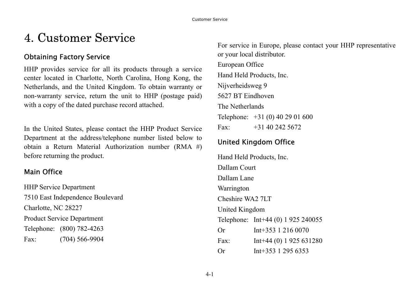 Customer service | Hand Held Products 3080 User Manual | Page 53 / 67